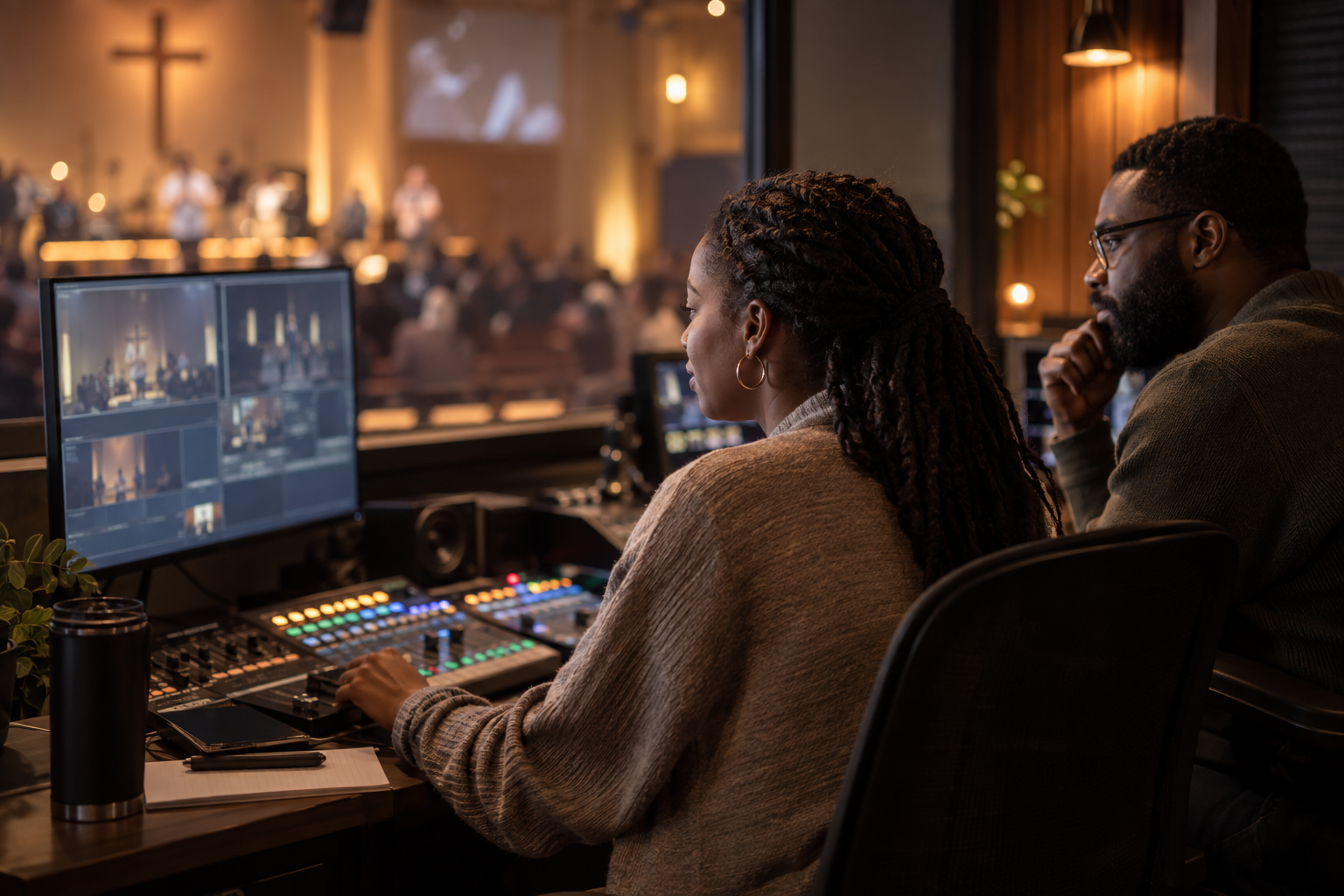 AI-generated illustration of two church media volunteers preparing a service