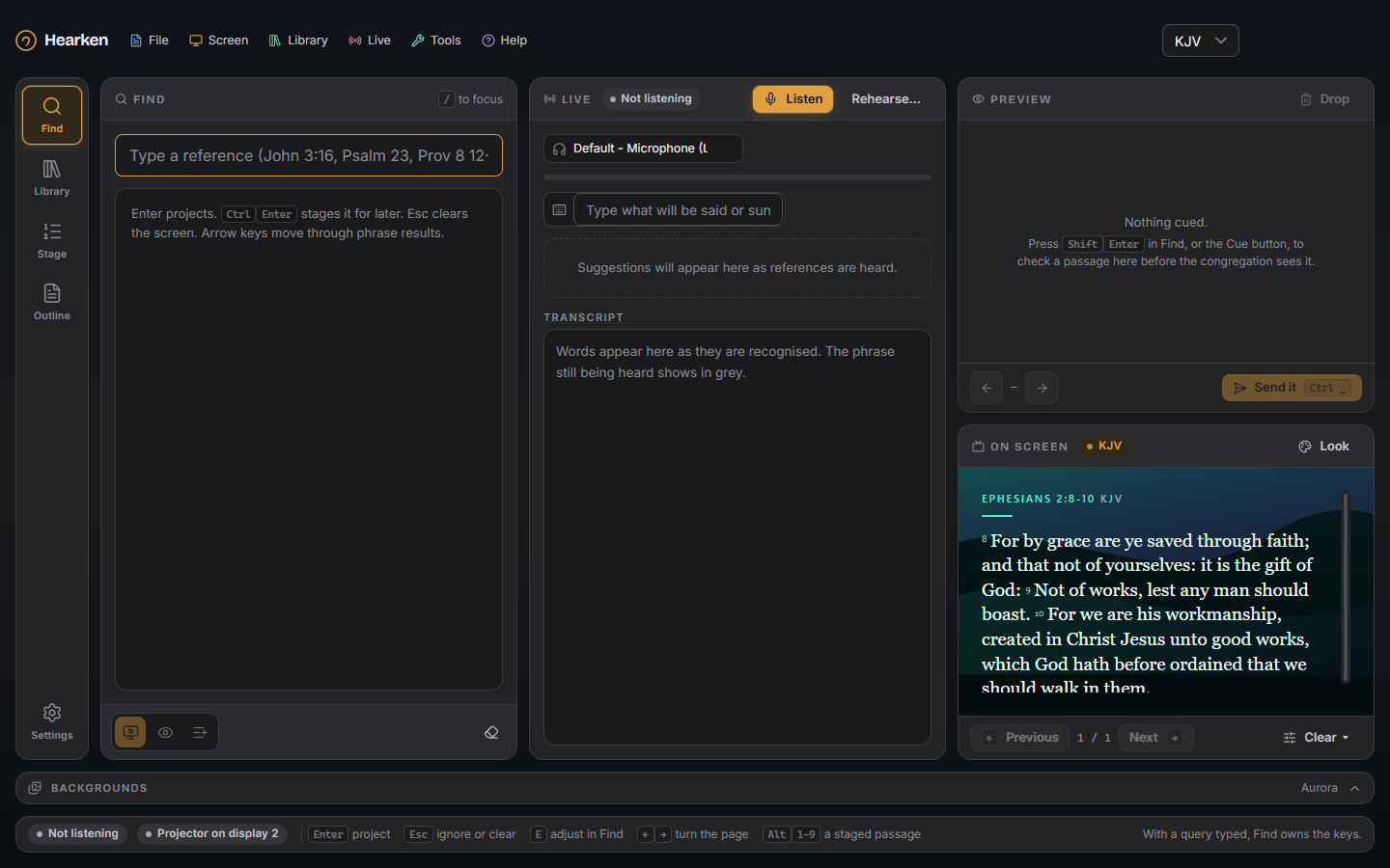 Hearken desktop showing scripture search, live suggestions, private preview and audience output